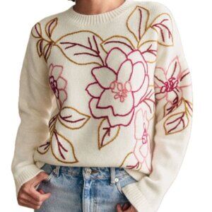 Joie Cashmere Sweater Women's XS Cream w PInk Floral Embroidery NEW